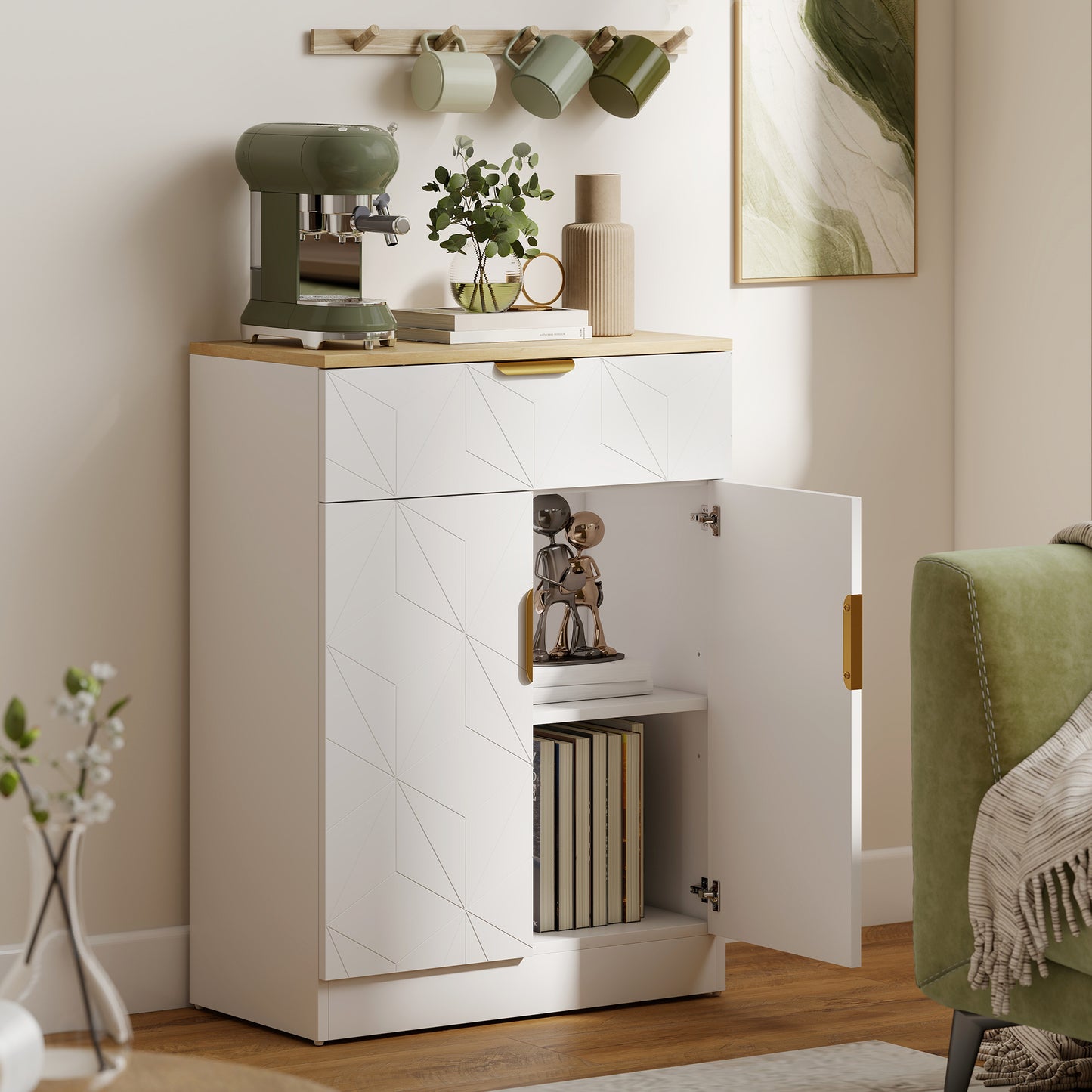 Rilosa White Geometric Modern Sideboard Natural Top With Storage Drawer and 2 Doors