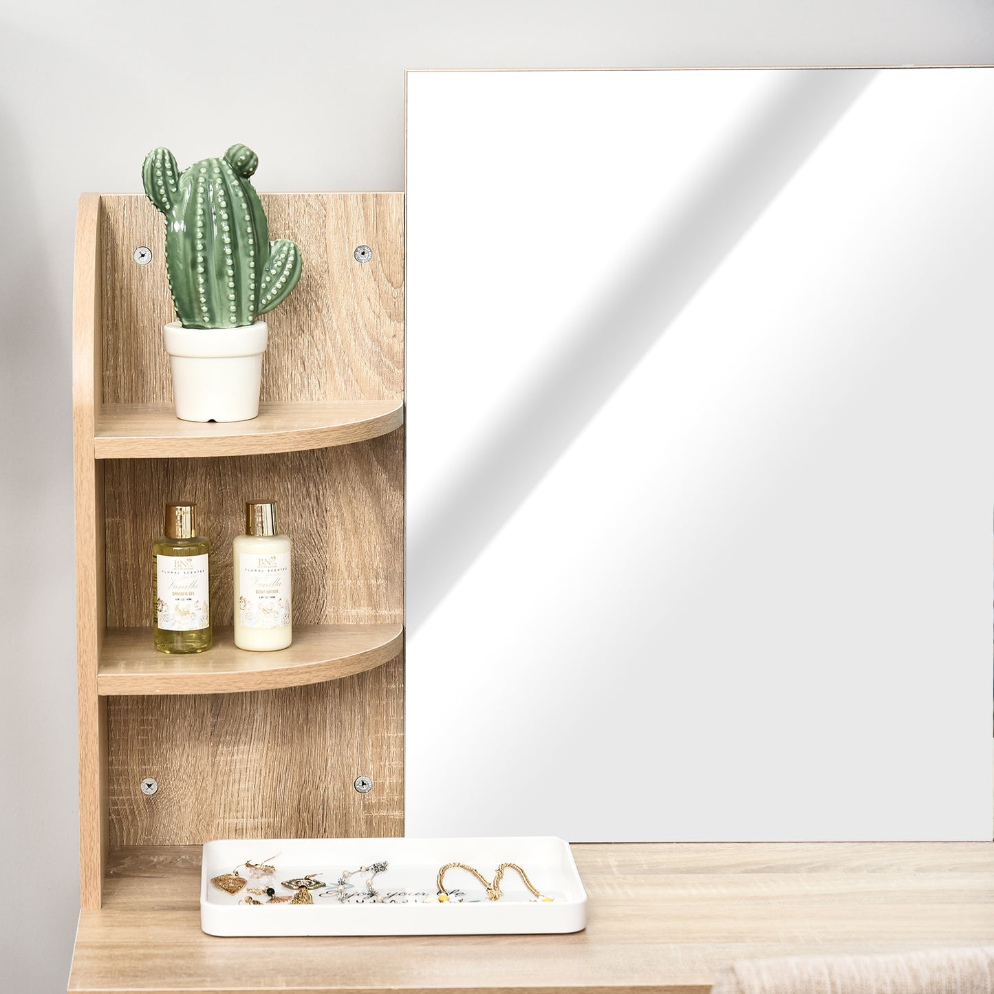 Vermani Natural Wood Dressing Table Desk With Mirror Large Drawers And 2 Tier Open Shelving For Bedroom