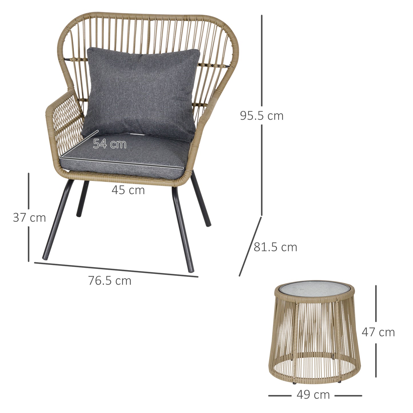 Luluse Natural Brown Rattan 3 Piece Outdoor Garden Bistro Set With Grey Cushions And Glass Coffee Table