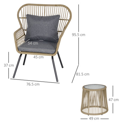 Luluse Natural Brown Rattan 3 Piece Outdoor Garden Bistro Set With Grey Cushions And Glass Coffee Table