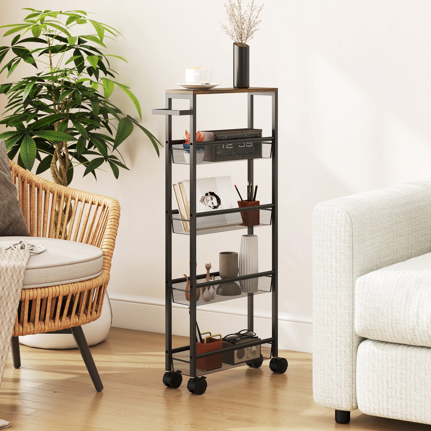 Raelno Metal Black 5 Tier Slim Storage Trolley With Wood Effect Top And Handle