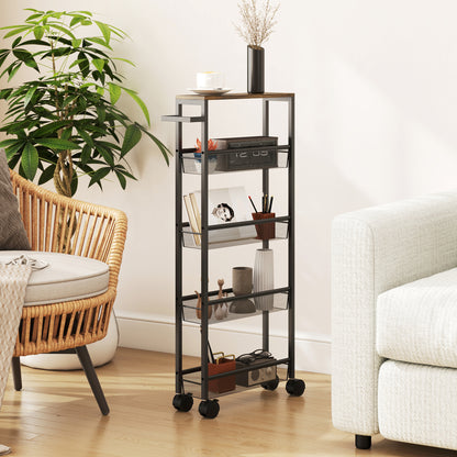 Raelno Metal Black 5 Tier Slim Storage Trolley With Wood Effect Top And Handle