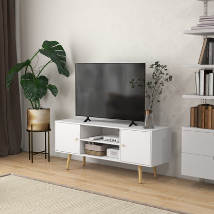 Vido 120cm Tozi Wooden White TV Cabinet With Open Shelves And Wooden Legs For Screens Up To 55 Inches