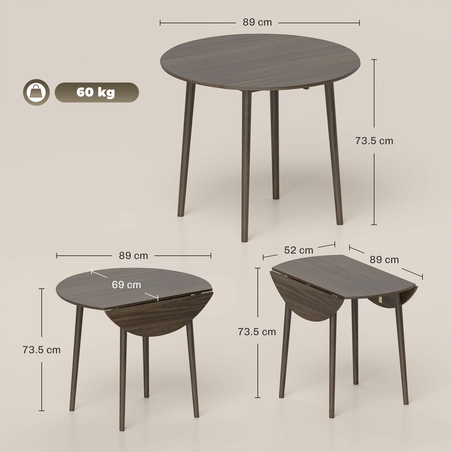 Harapa Solid Wood Grey Round Folding Dining Table Seating 4 With TaFauxred Legs