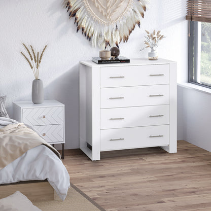 Moyota Wooden White 4 Drawer Storage Chest With Silver Metal Handles