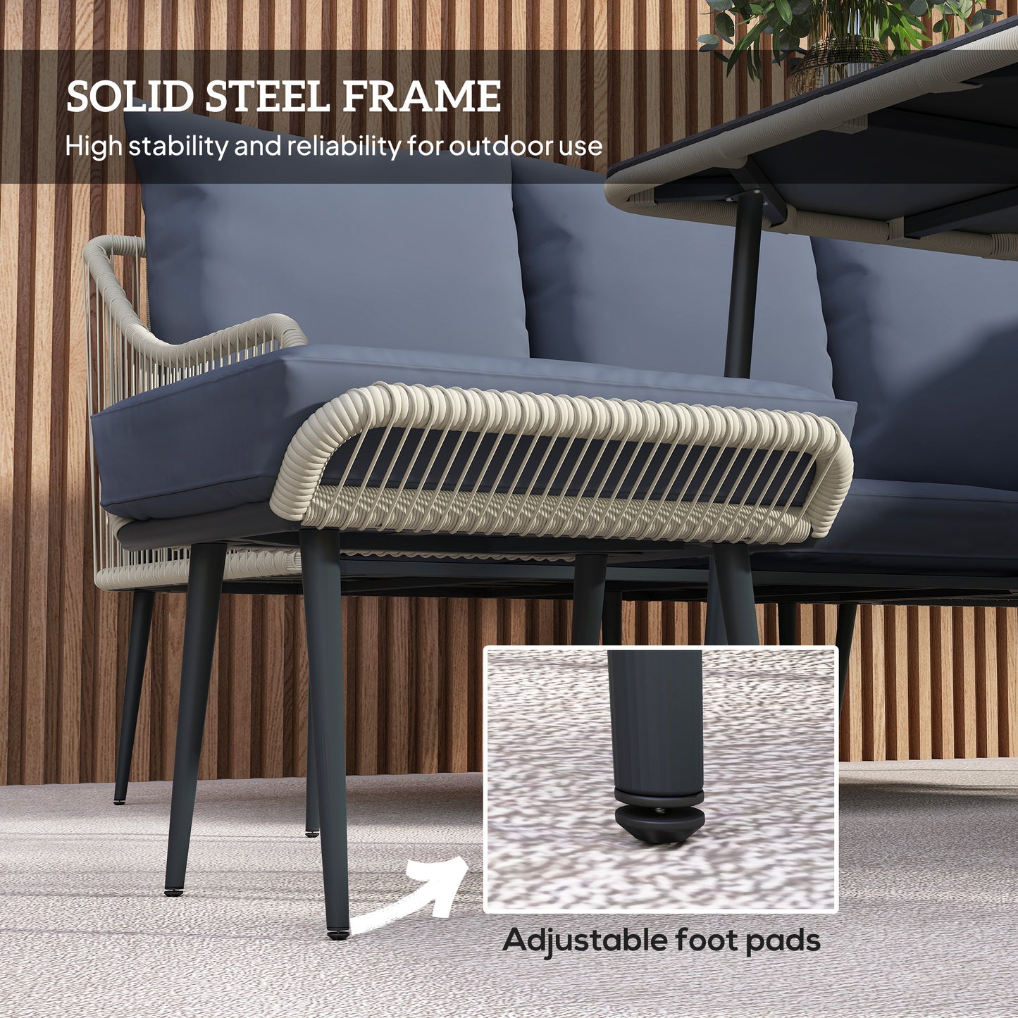 Vika Natural Rattan Grey 7 Seater Garden Sofa Set with Coffee Table and 2 Stools