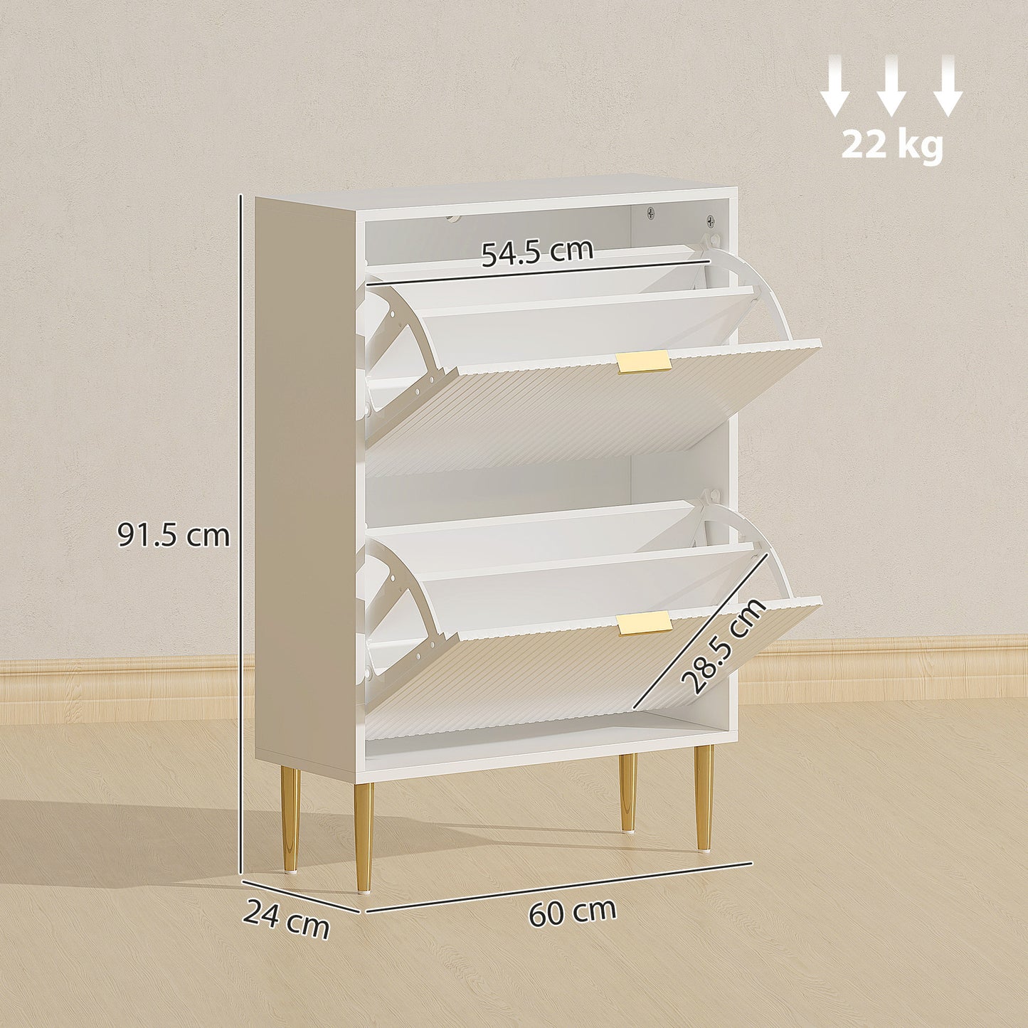 Baviva Wooden White Elegant 2 Drawer Shoe Cabinet Ribbed Design