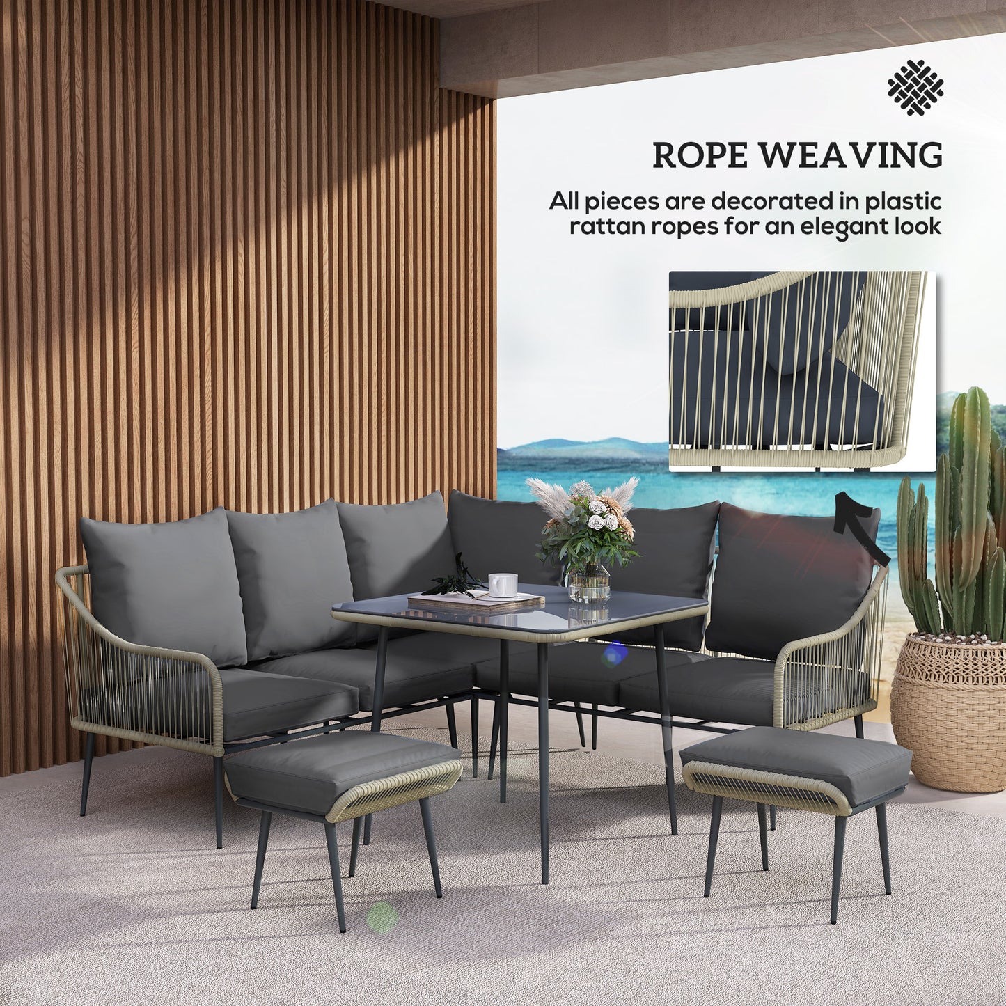 Vika Natural Rattan Grey 7 Seater Garden Sofa Set with Coffee Table and 2 Stools