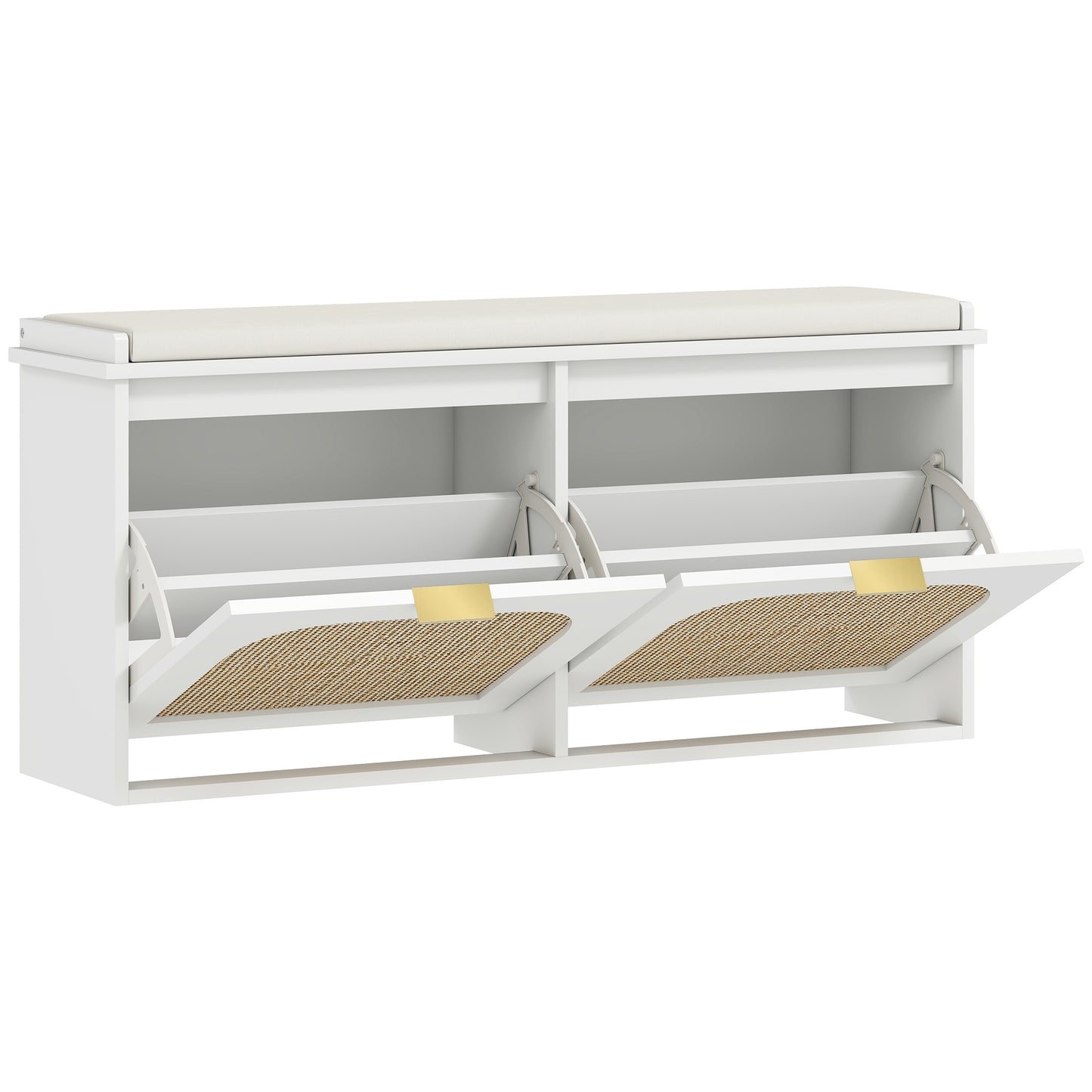 Hano Wooden White Boho Style Shoe Bench With Cushioned Seat And 2 Flip Drawers