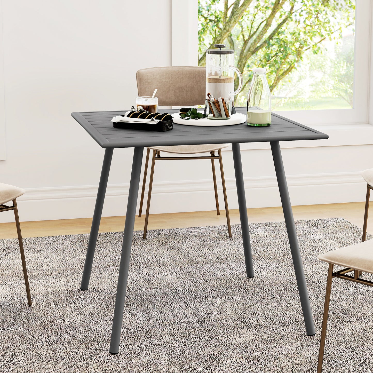 Ledisu 80cm Steel Grey Square Outdoor Dining Table With Slatted Top For 4