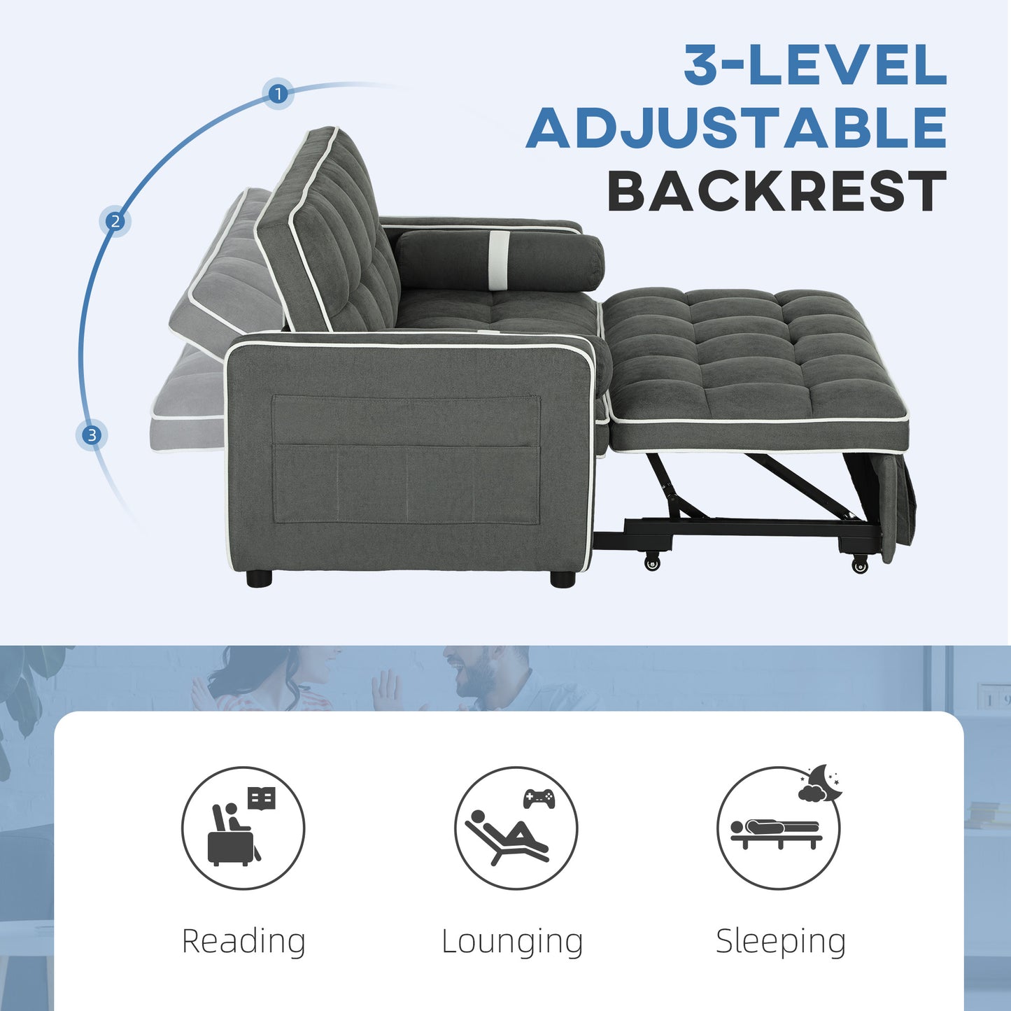 Tapa Linen Effect Dark Grey Upholstered 2 Seater Sofa Bed White Trim