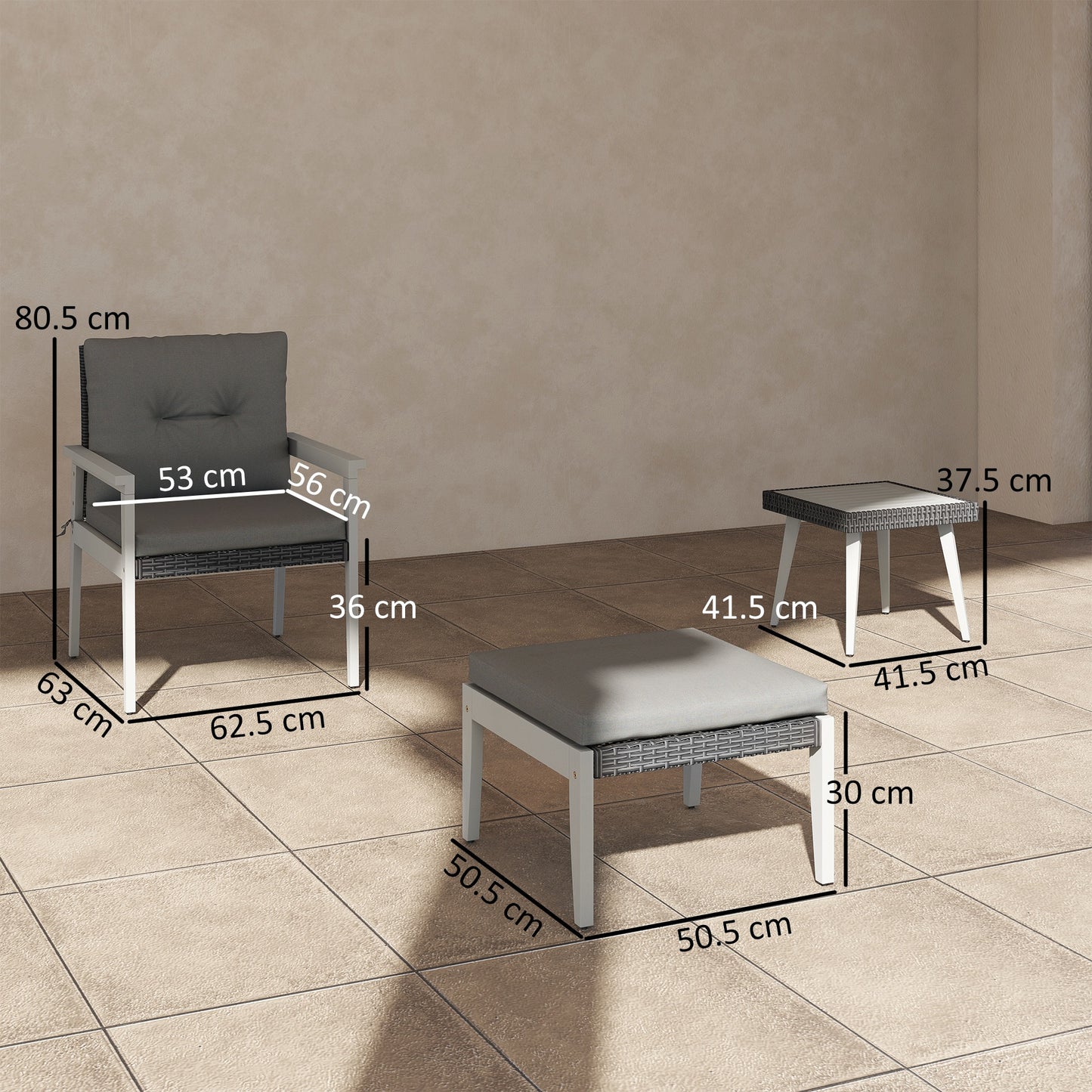 Nosalu Rattan Grey 5 Piece Outdoor Garden Bistro Set With Table and Footstools