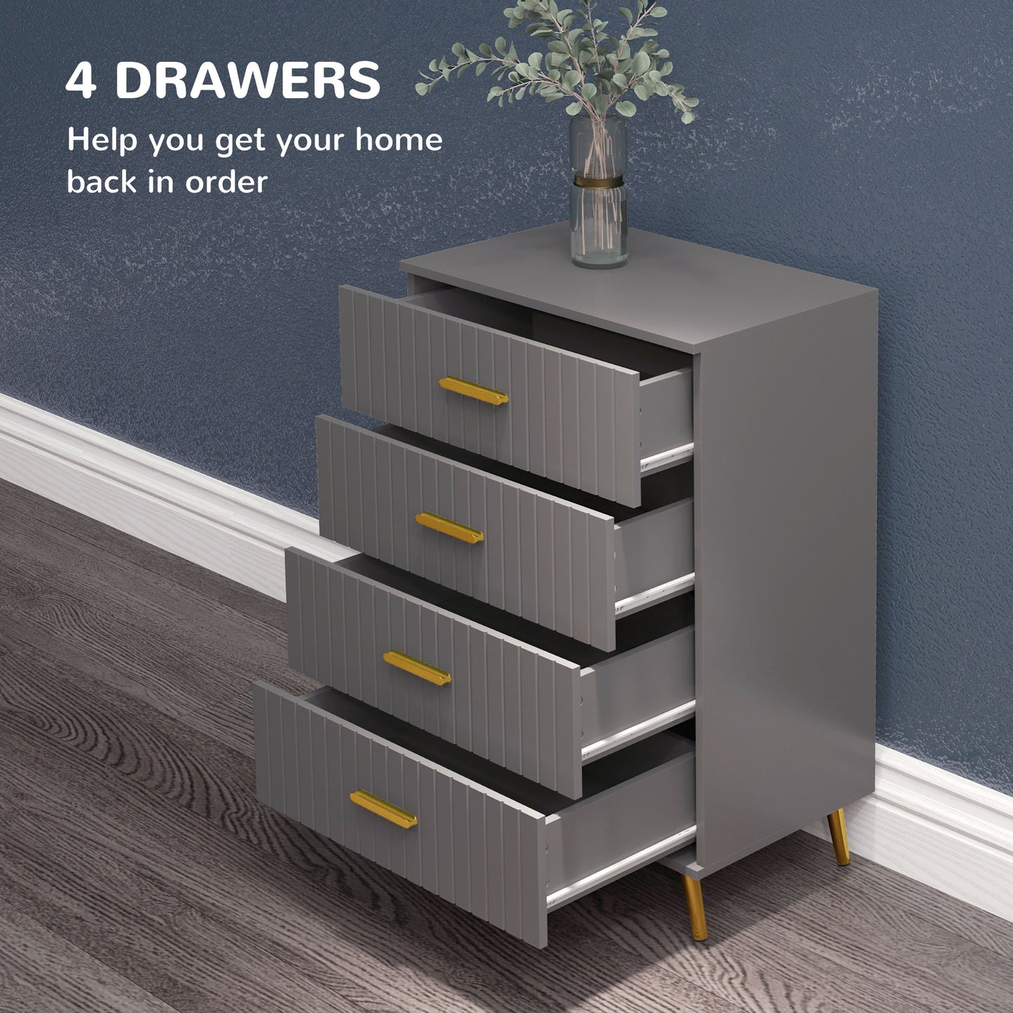 Zine Wooden Grey And Gold Tone 4 Drawer Embossed Dresser