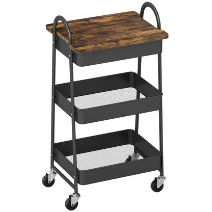 Rottola Wooden Rustic Brown And Black 3 Tier Kitchen Trolley With Covered Top