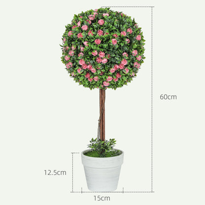 Roviyo Set Of 2 Artificial Rose Flower Topiary Ball Trees In Pots H8 60cm Pink