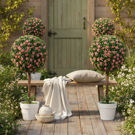 Roviyo Set Of 2 Artificial Rose Flower Topiary Ball Trees In Pots H8 60cm Pink