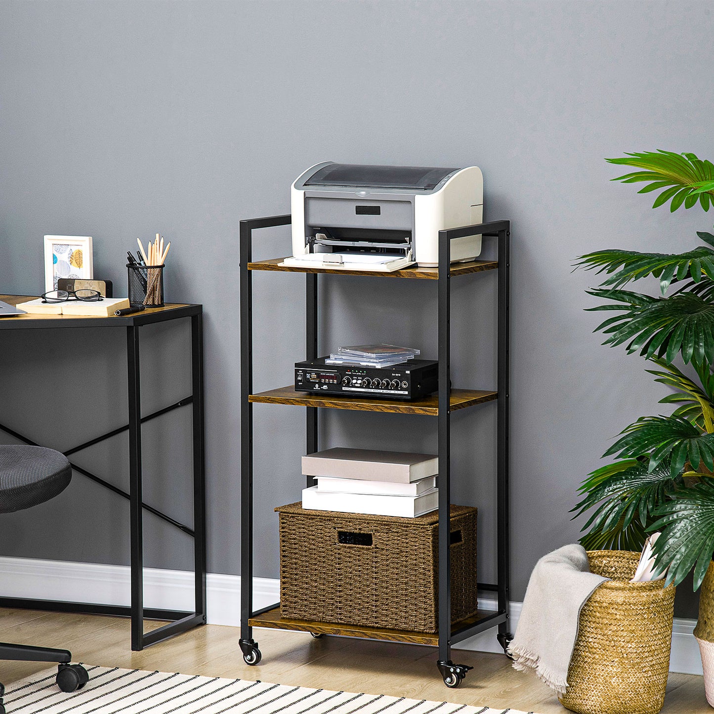 Dinanore Metal And Wood Rustic Brown 3 Tier Rolling Printer Stand With Lockable Wheels