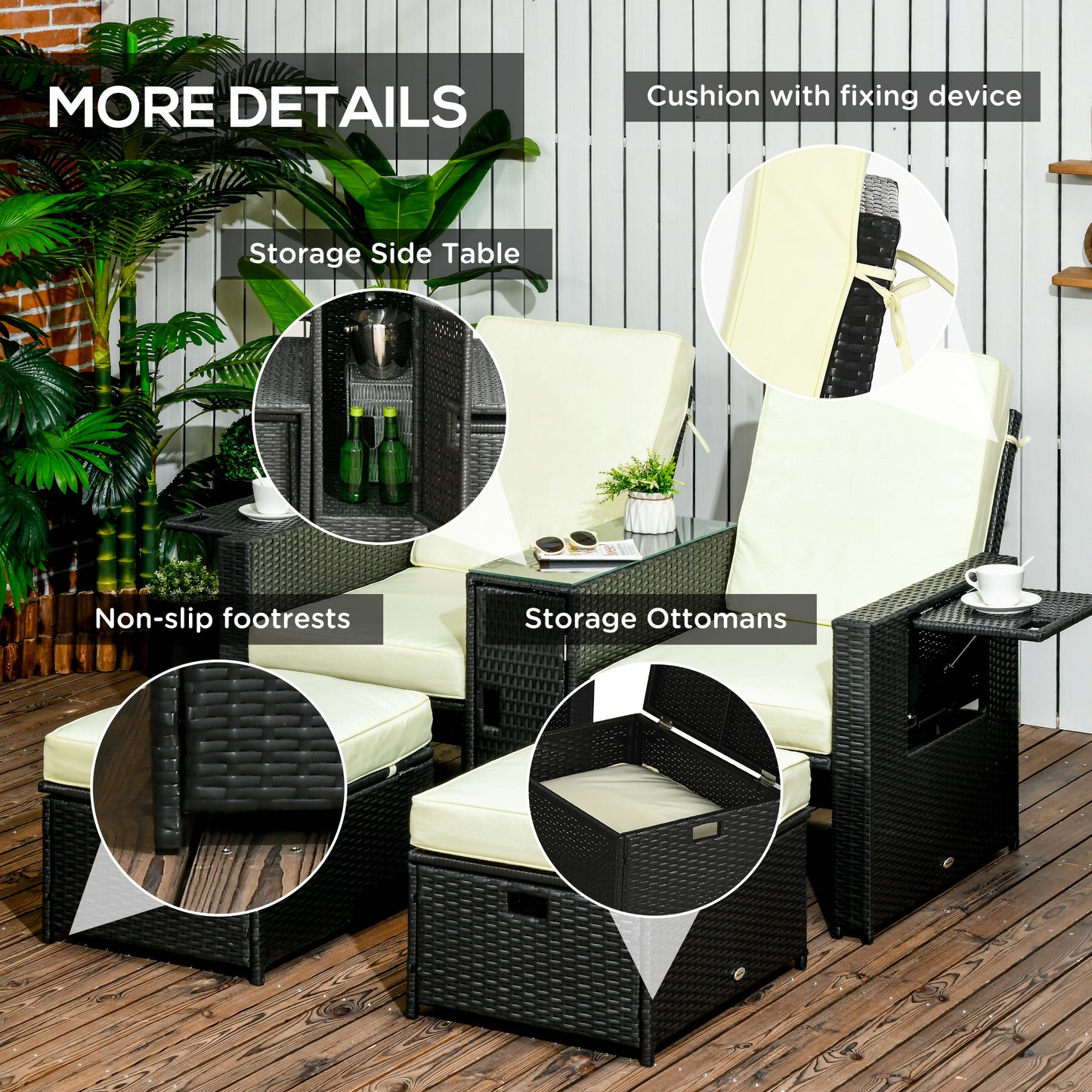 Niludo Faux Rattan Black and Cream 5 Piece Adjustable Sun Lounger Set With Storage Table And Footstools
