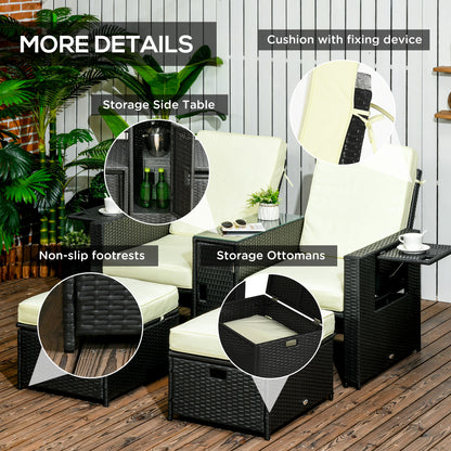 Niludo Faux Rattan Black and Cream 5 Piece Adjustable Sun Lounger Set With Storage Table And Footstools