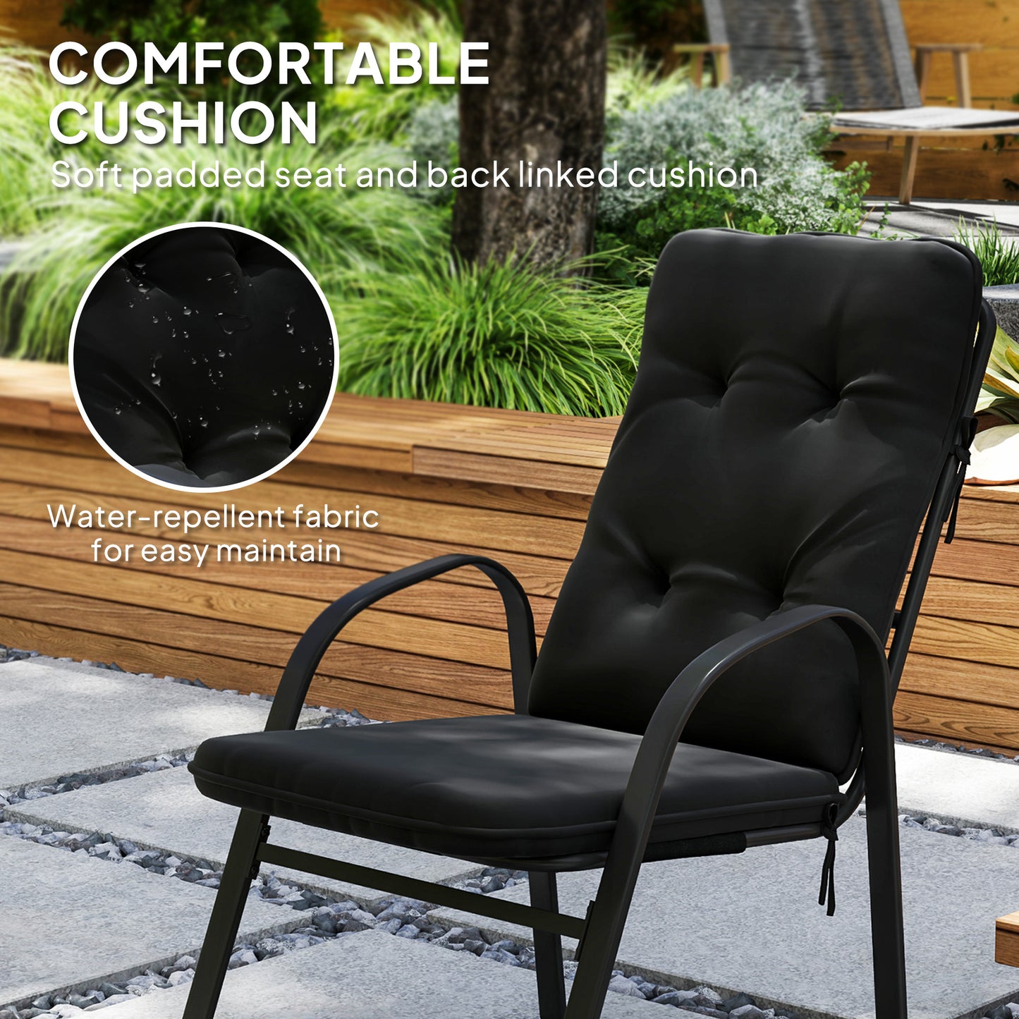 Sahale 6 Seater Black Garden Dining Set with Padded Tufted Cushions