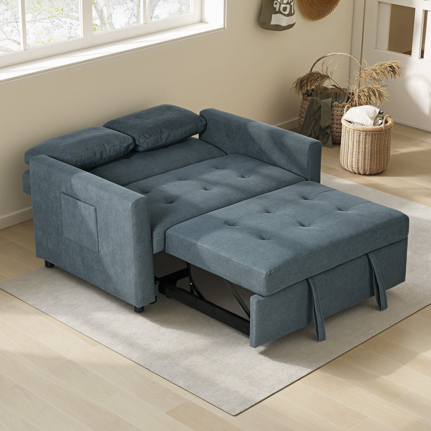 Matano Maso Charcoal Grey 2 Seater Sofa Bed With Side Pockets And Cushions