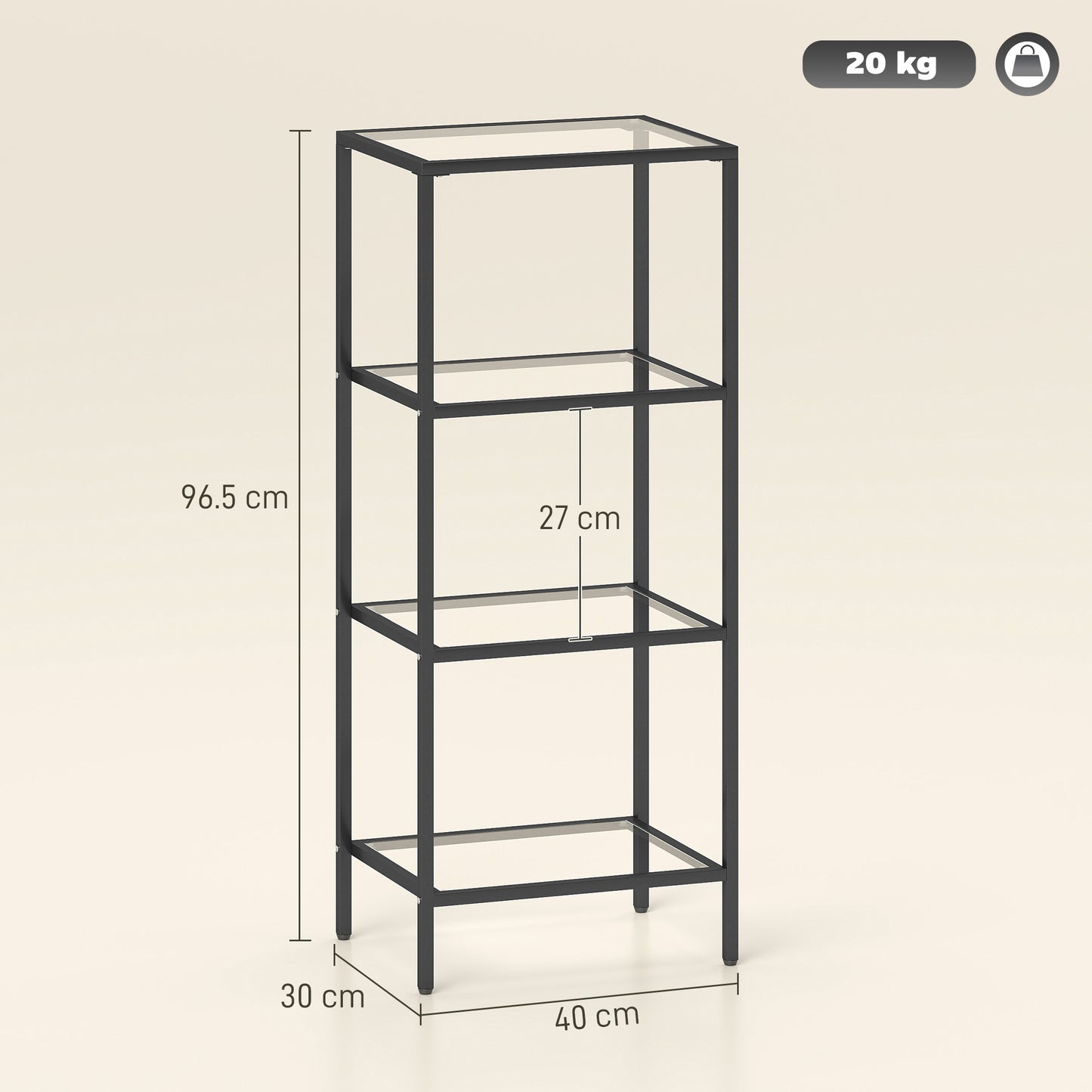 Elso Metal And Glass Black 4 Tier Vertical Shelving Unit For Living And Office Use