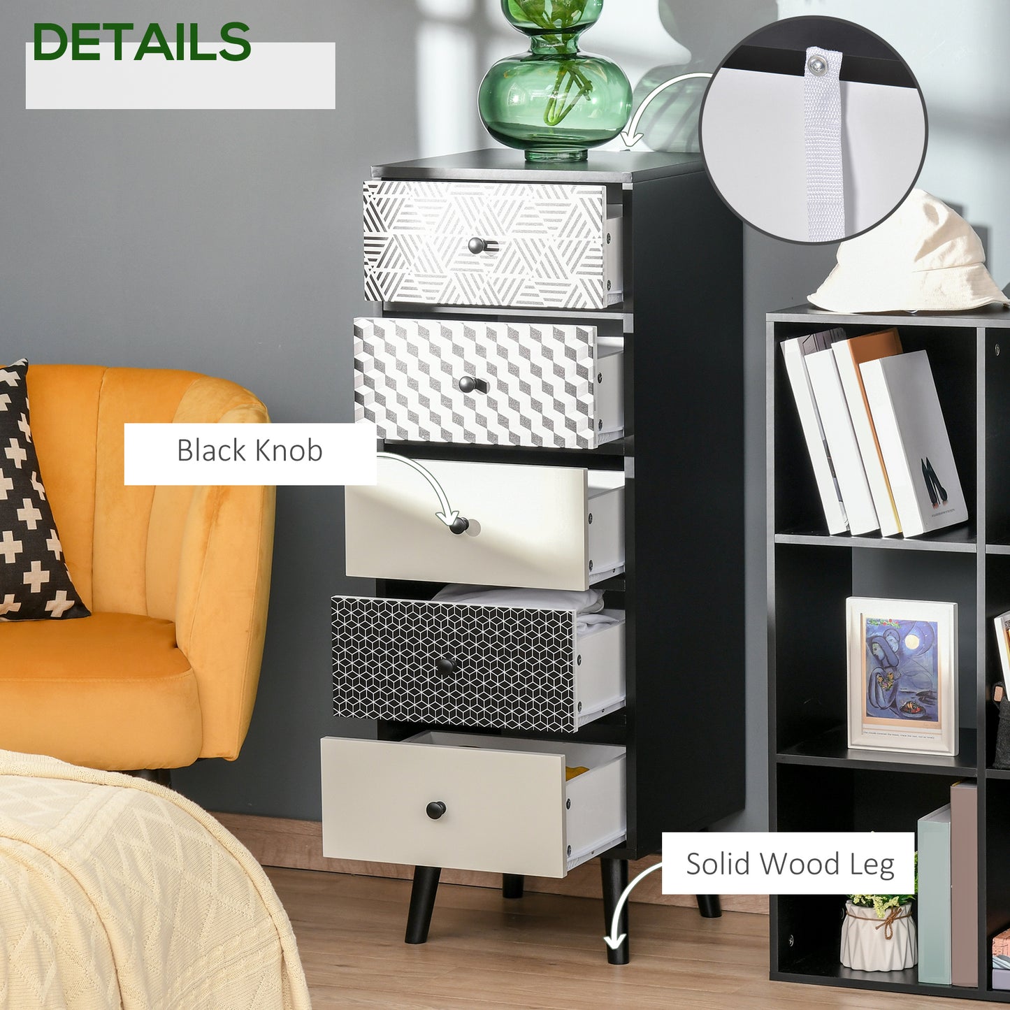 Rerora Scandi Monochrome Black and White Wooden Vertical 5 Drawer Storage Chest