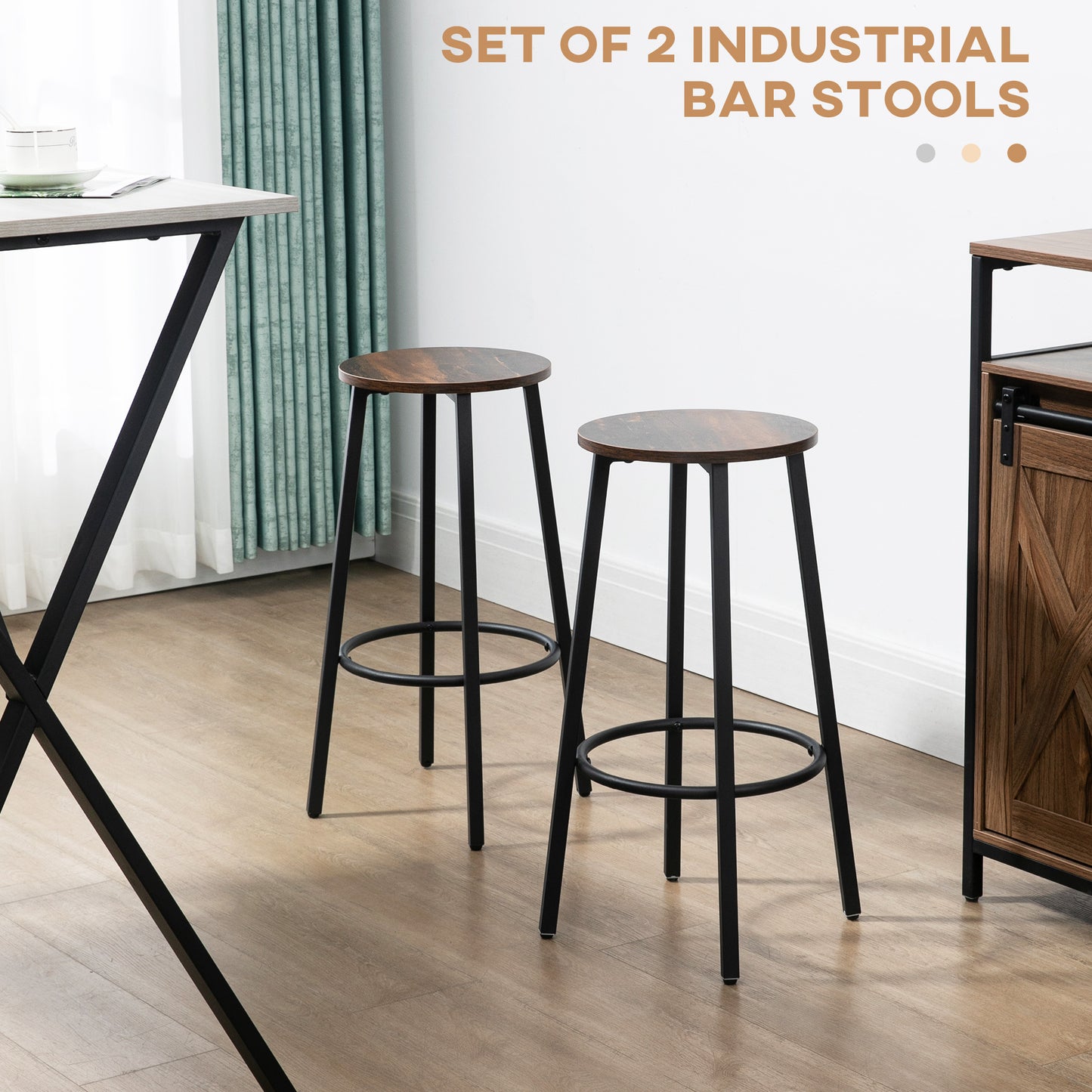 Kabato Metal And Wood Rustic Brown Industrial Bar Stools Set Of 2 With Footrest