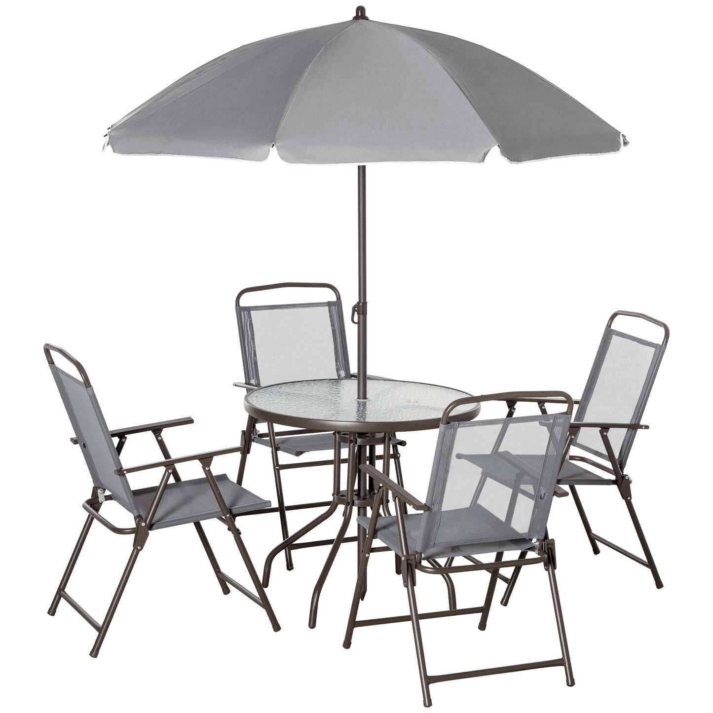 Misotte Metal and Mesh Light Grey 4 Seater Garden Dining Set With Parasol Folding Chairs And Glass Table