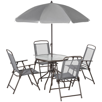 Misotte Metal and Mesh Light Grey 4 Seater Garden Dining Set With Parasol Folding Chairs And Glass Table