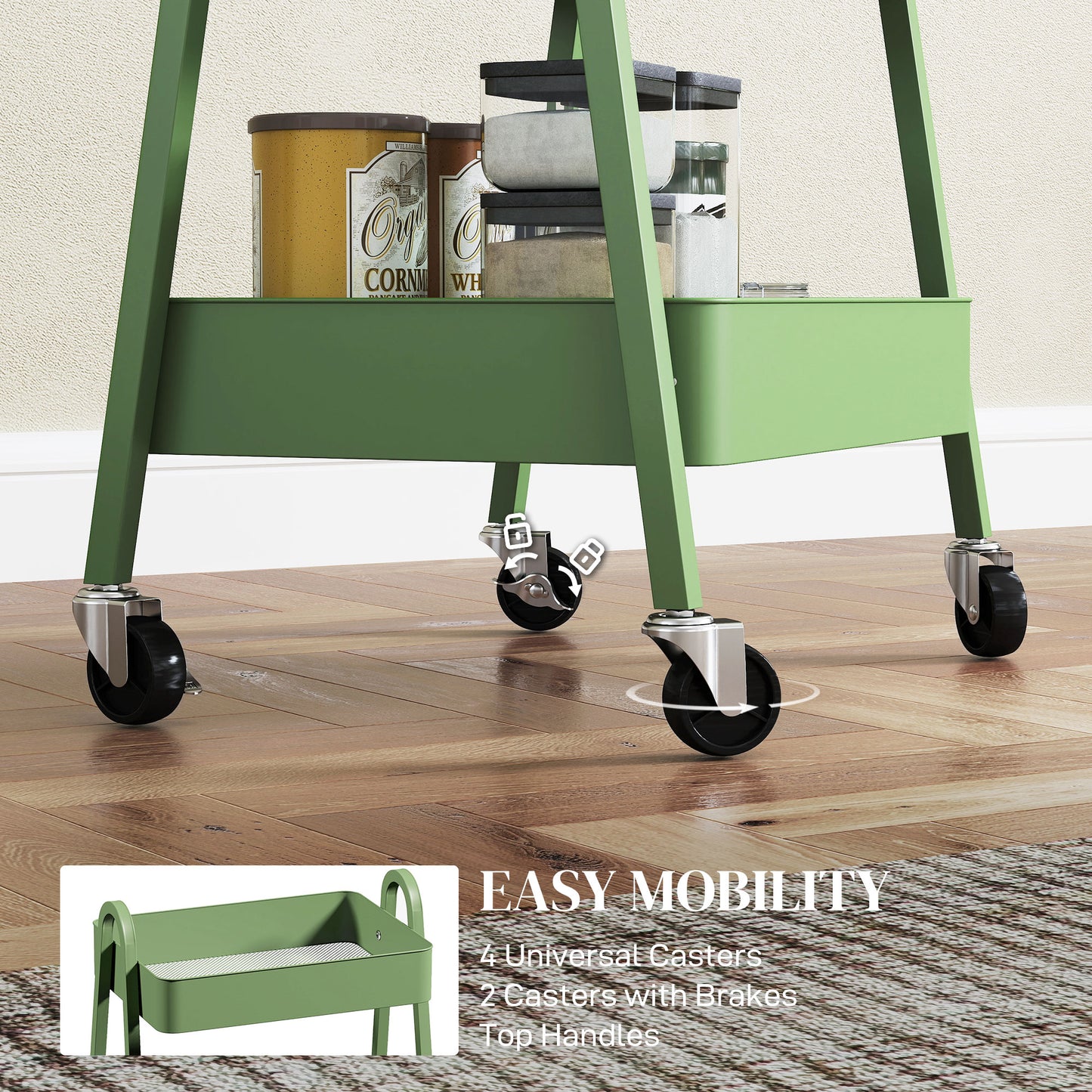 Leroco Metal Green 3 Tier Storage Trolley With Wheels