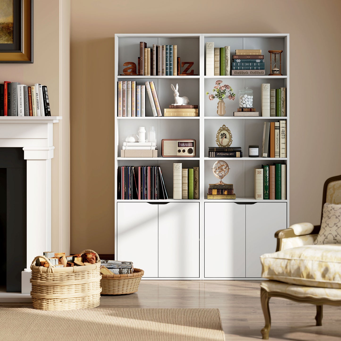 Zimo Rado Wood White 6 Tier Tall Bookcase With OFauxn Shelves And Double Door Storage 59 x 29 x 180 cm