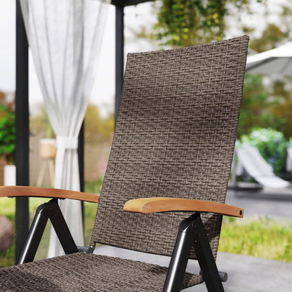 Nabaha Veel Rattan Brown Folding Garden Dining Chairs Set Of 2 With 5 Position Recline And Wood Armrests