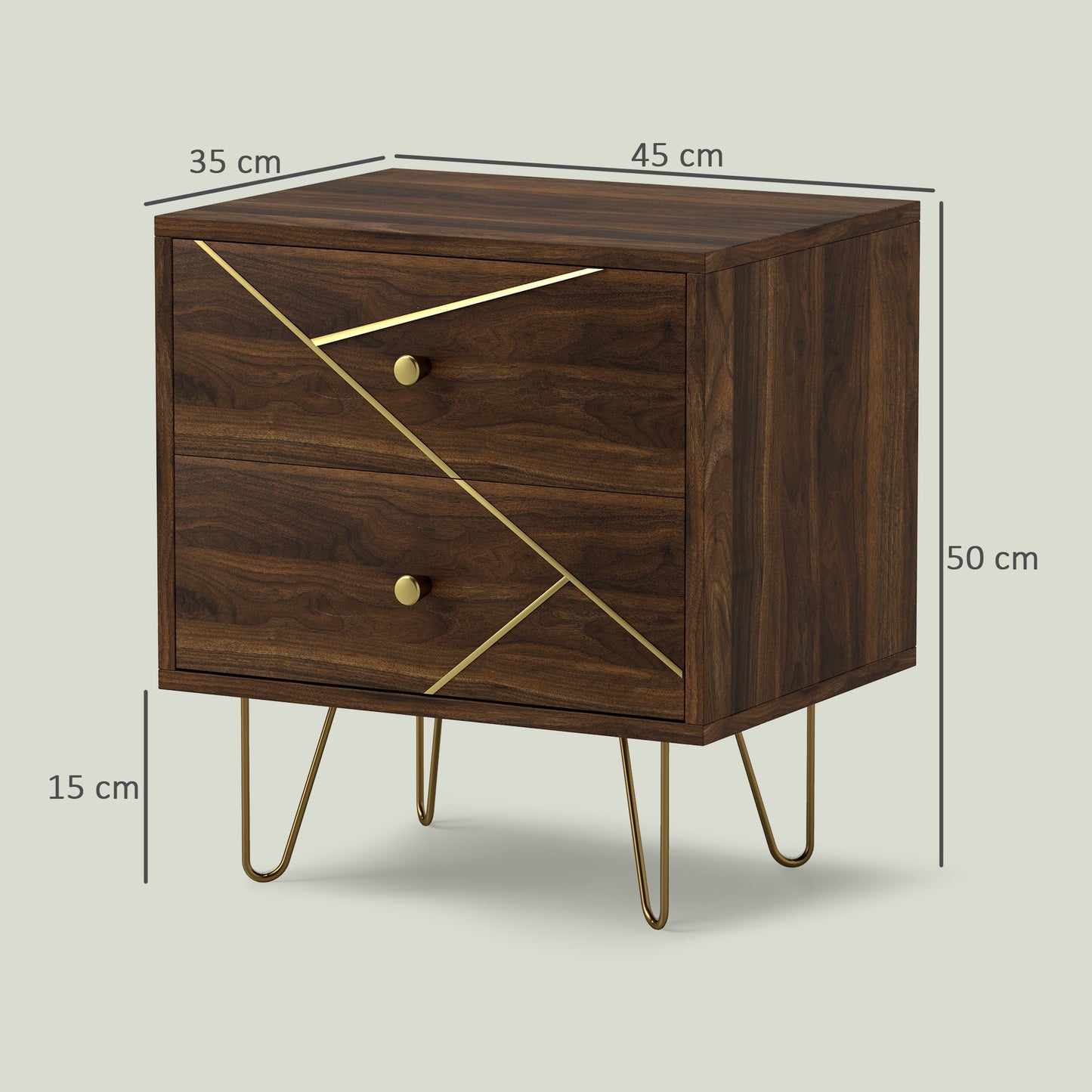Vasare Soel Set Of 2 Gold and Brown Wood Grain Bedside Tables 2 Drawers Hairpin Legs