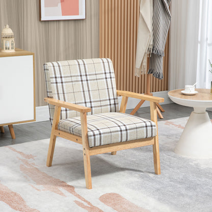 Sove Linen Beige Tartan Pattern Single Armchair With Wooden Frame