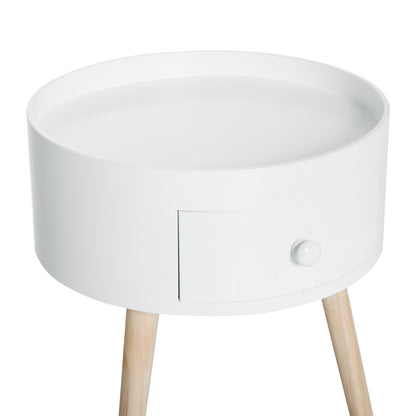 Taloso Wood White Round Bedside Table With Drawer And Natural Wooden Legs