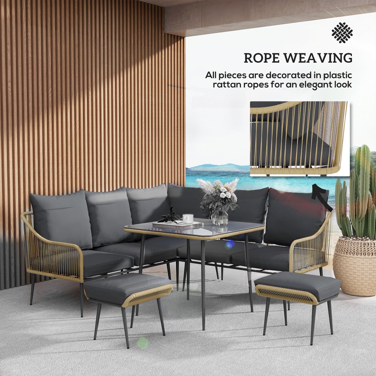 Nofise Rattan Brown and Grey 7 Seater Garden Sofa Set with Coffee Table and 2 Stools