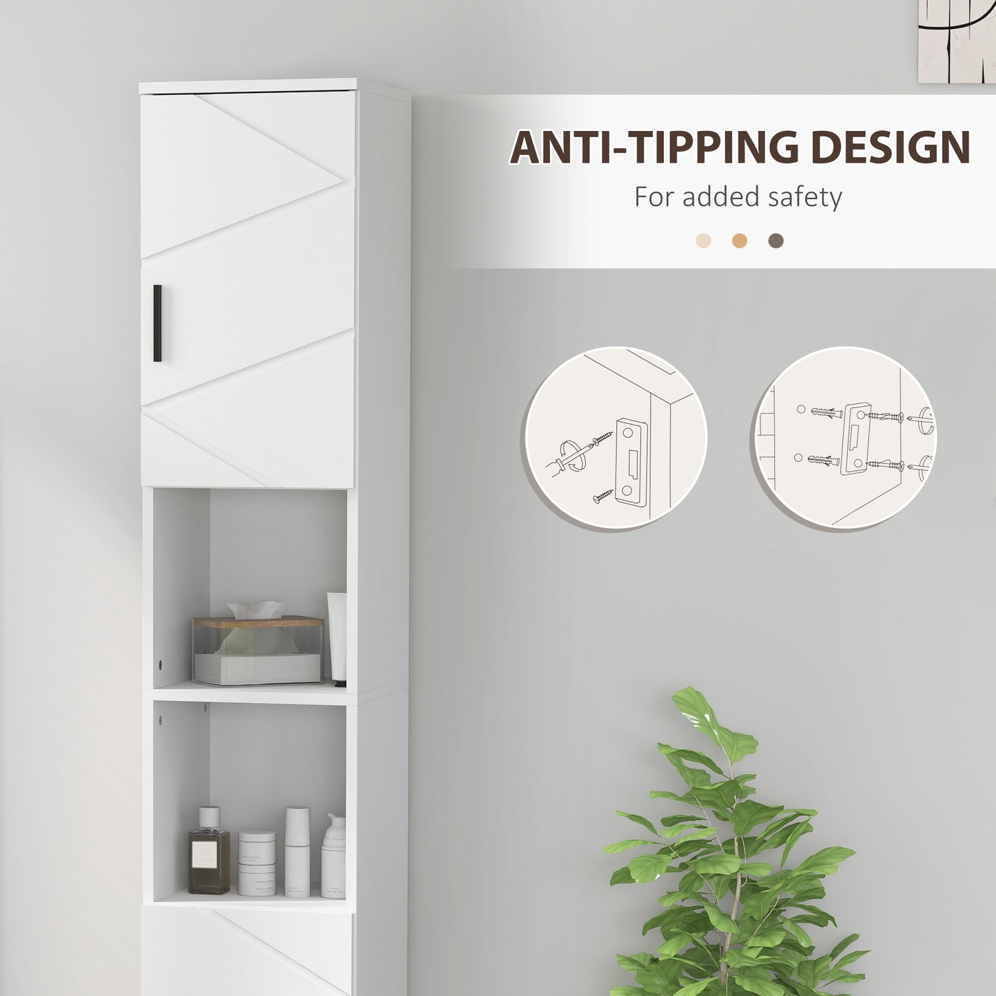 Domifa Tall Bathroom Storage Cabinet With Line Embossed Front And Adjustable Shelves White