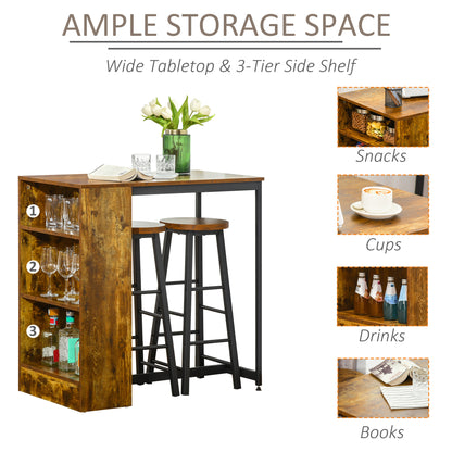 Vasori Metal And Wooden Industrial 3 Piece Bar Table Set With Storage Shelving