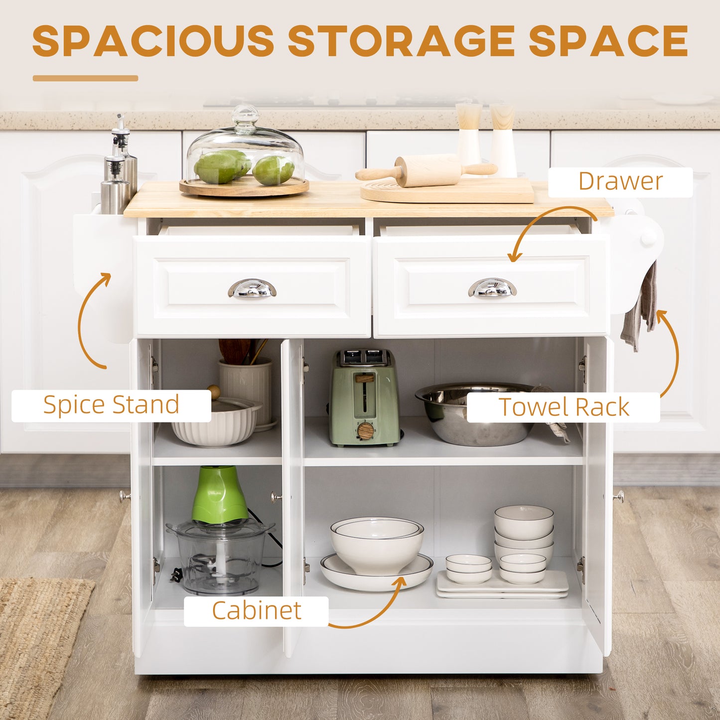 Nirael Wooden White Rolling Kitchen Island With Rubberwood Top Drawer And Storage