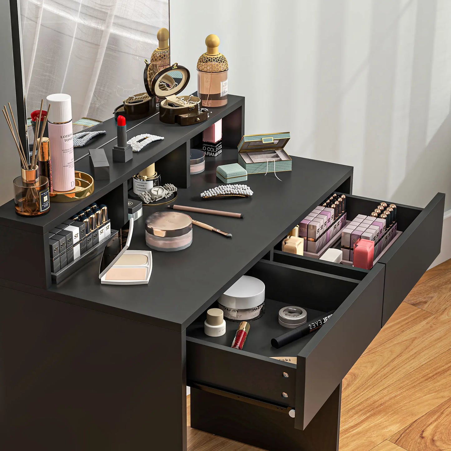 Merotto Black Dressing Table With Mirror And Multi Storage Layout