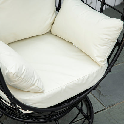 Rasu Rattan Black Swivel Egg Chair With White Cushion And Pillow