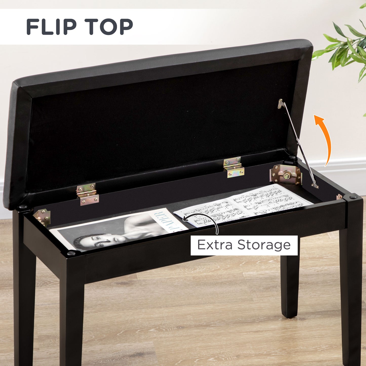 Ziyo Faux Leather Black Piano Bench With Padded Seat And Storage Compartment
