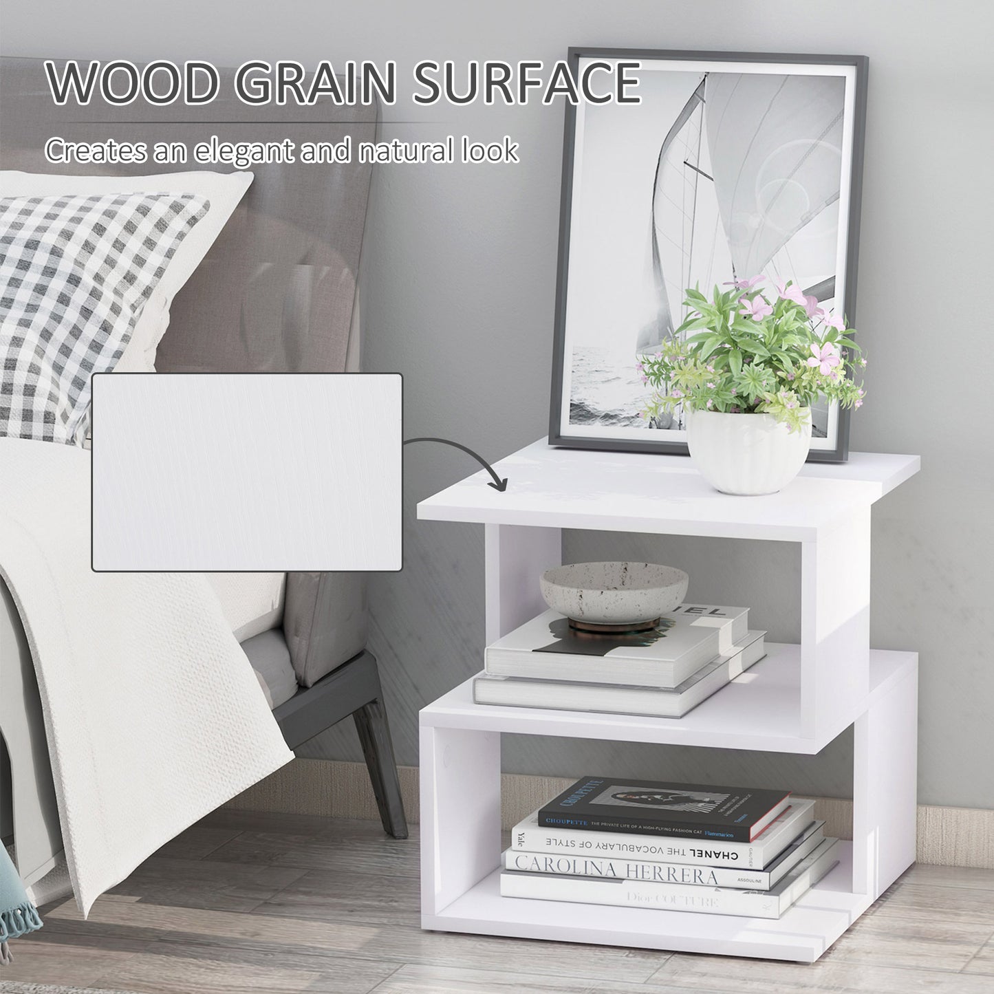 Masevi Wooden White Square Side Table With 2 Tier Storage