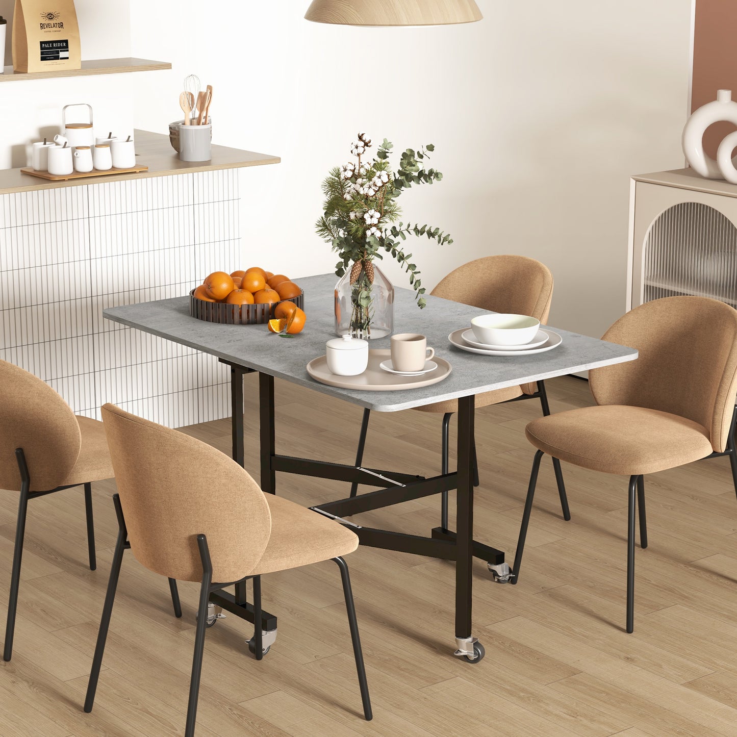 Ritodo Wooden Grey Marble Effect Mobile Drop Leaf Dining Table With Locking Castors