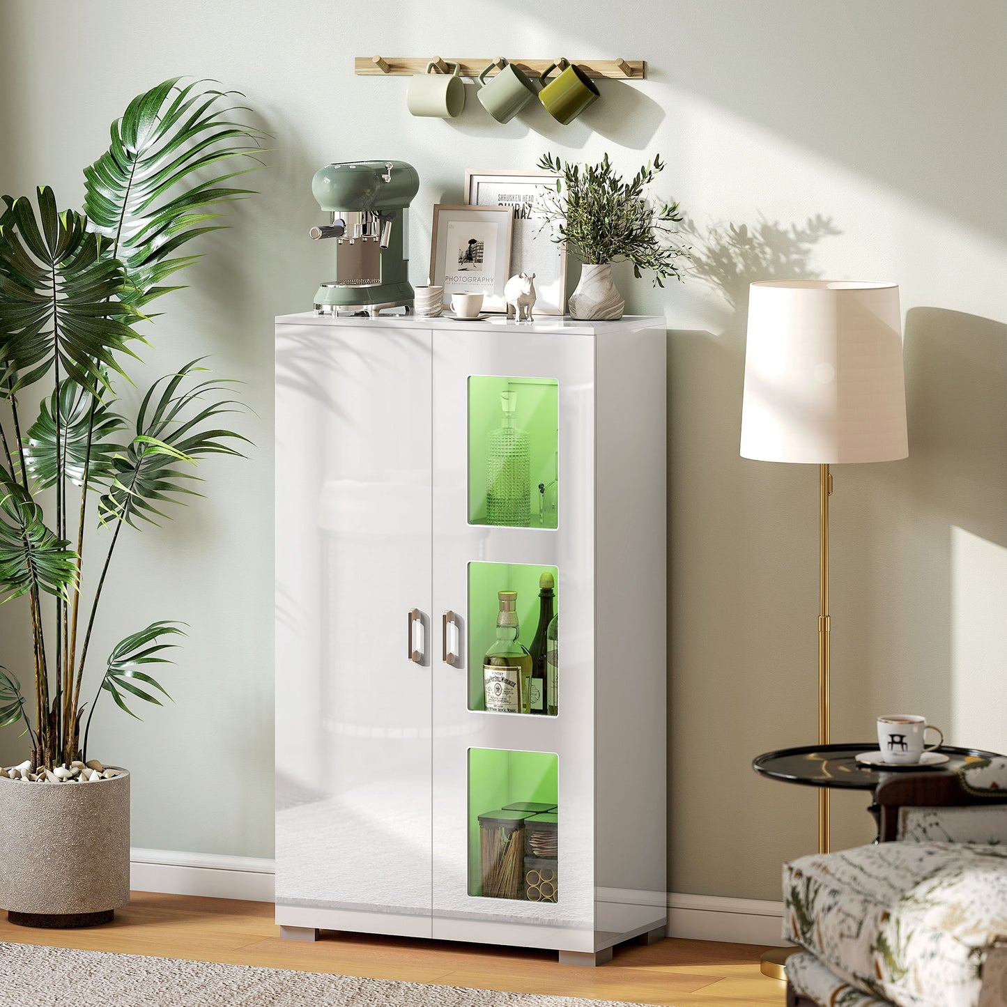 Sora Coma High Gloss White Tall Storage Cabinet Glass Doors 2 Shelves with LED Lighting