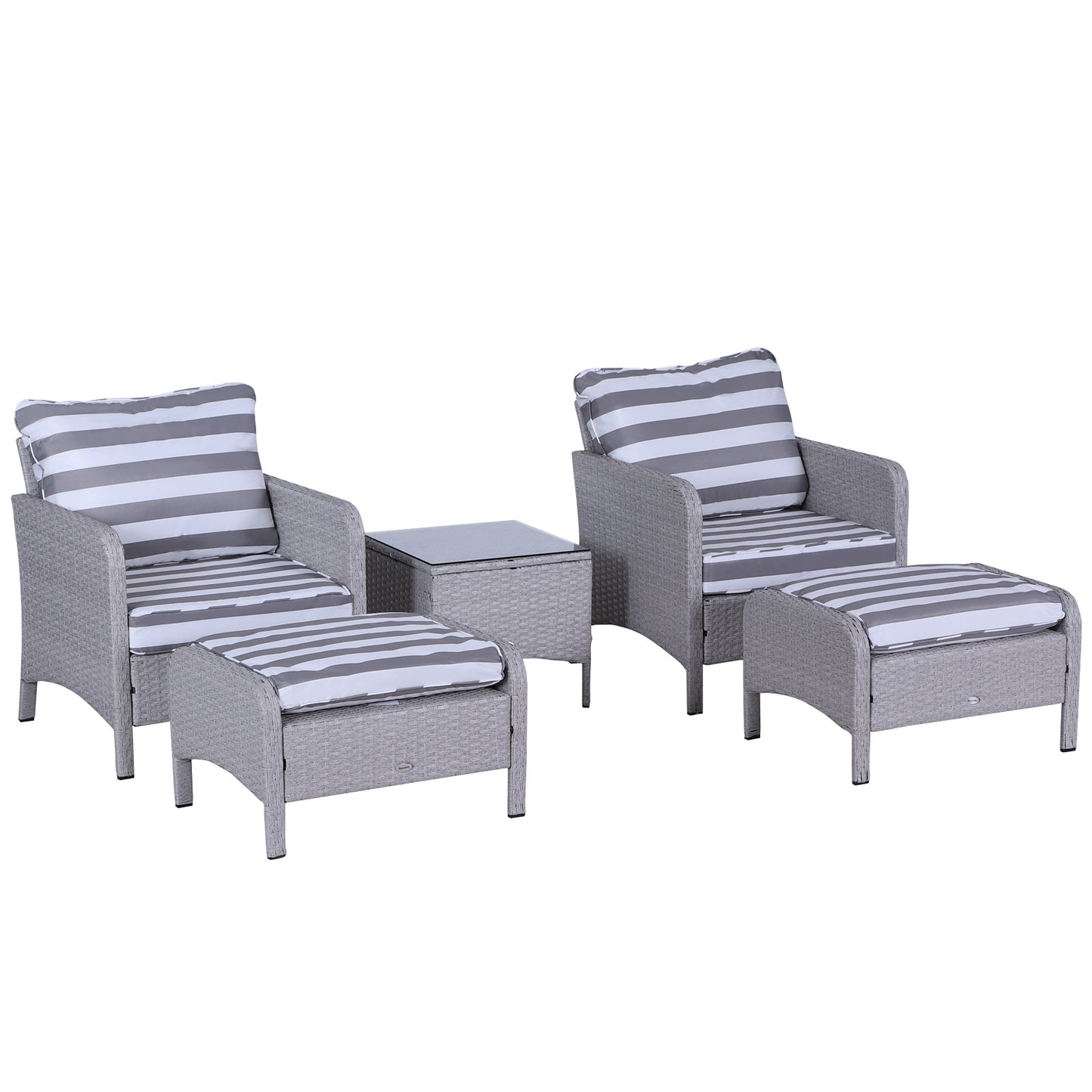 Sonova Faux Rattan Grey And White Stripes 5 Piece Outdoor Bistro Set Stools and Glass Table