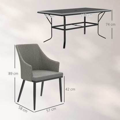 Kenere Rattan Grey 6 Seater Outdoor Dining Set With Armchairs And Slatted Table Parasol Hole