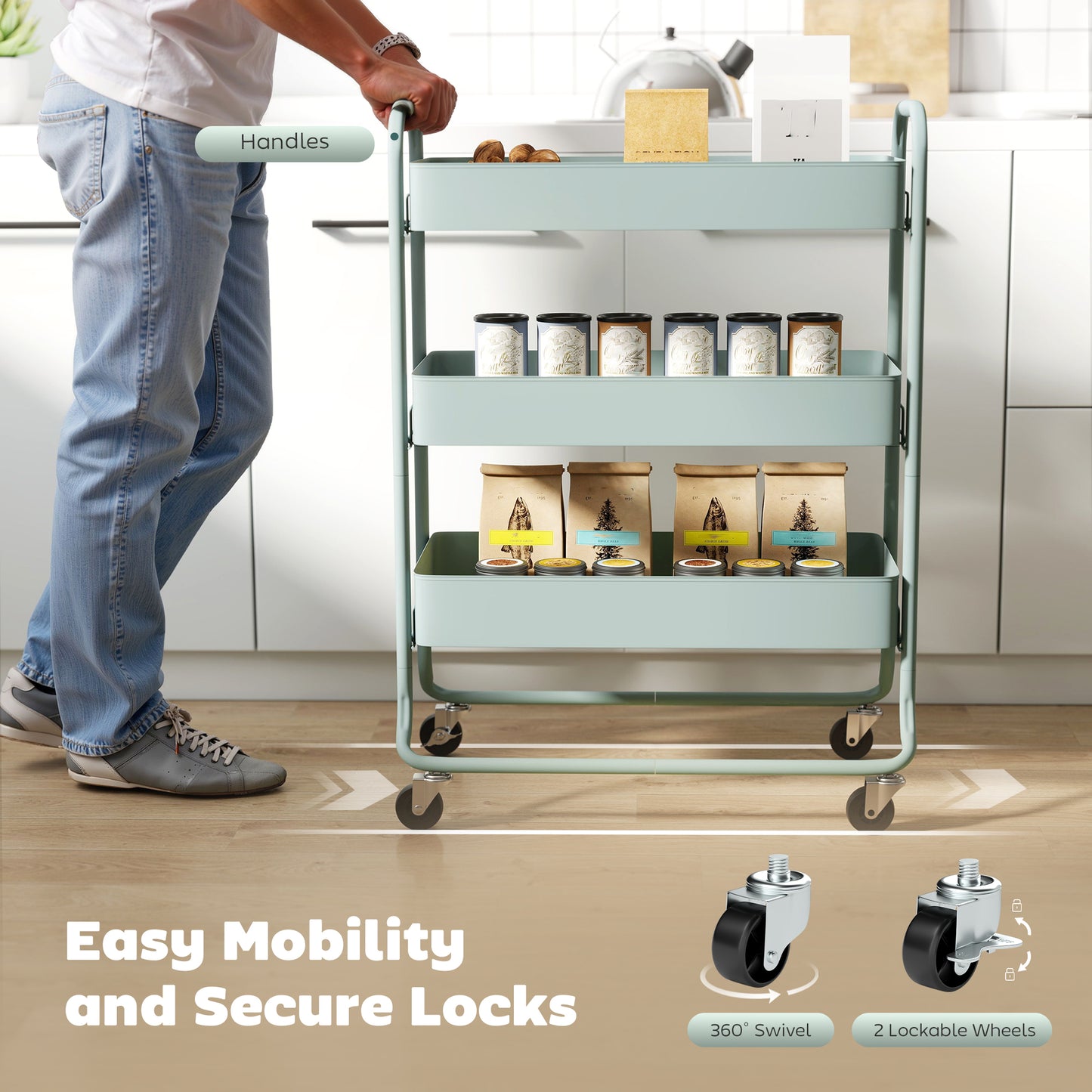 Nokeyo Metal Light Green 3 Tier Rolling Utility Trolley With Mesh Baskets