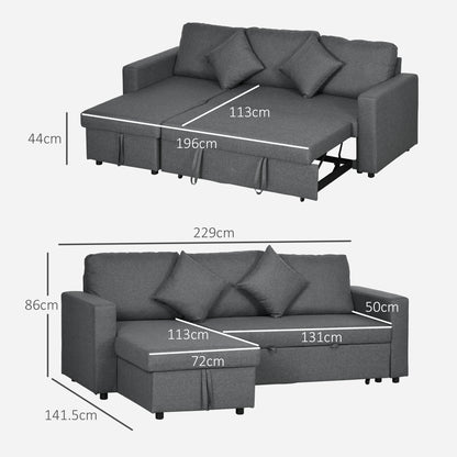 Kesosu Dark Grey Upholstered 3 Seater Sofa Bed With Built In Storage